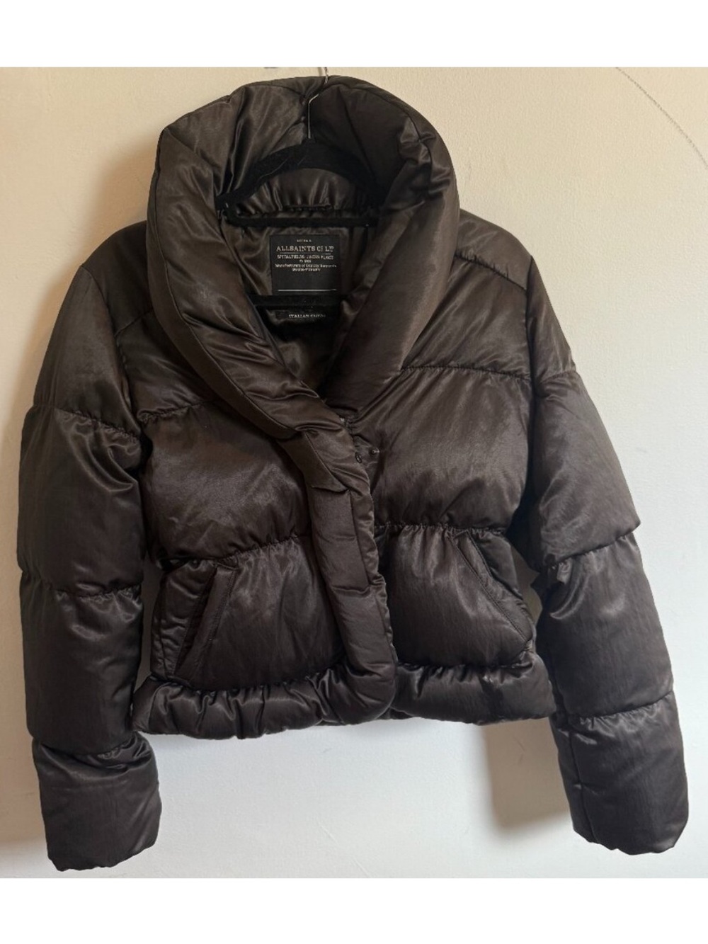 AllSaints Roche Puffer Jacket Dark Brown Satin Size 6 - Picture 2 of 6